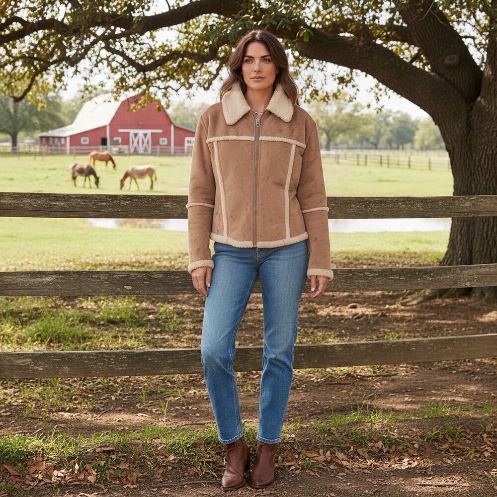 Buffalo David Bitton Tan Faux Suede Sherpa Aviator Jacket Womens L Western Boho